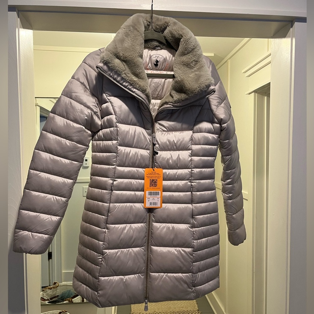 Save the Duck  Womens Grey Caroline Faux Fur Collar Coat Size 2/M Silver  NWT